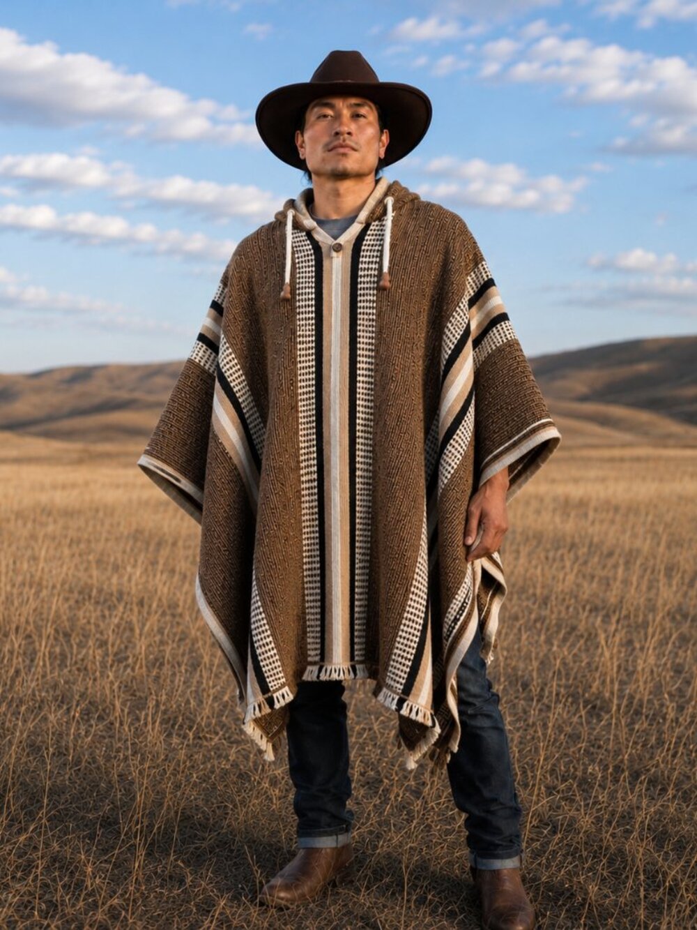 Handwoven Native American Hooded Wool Poncho - 100% Highland Wool Pullover Coat